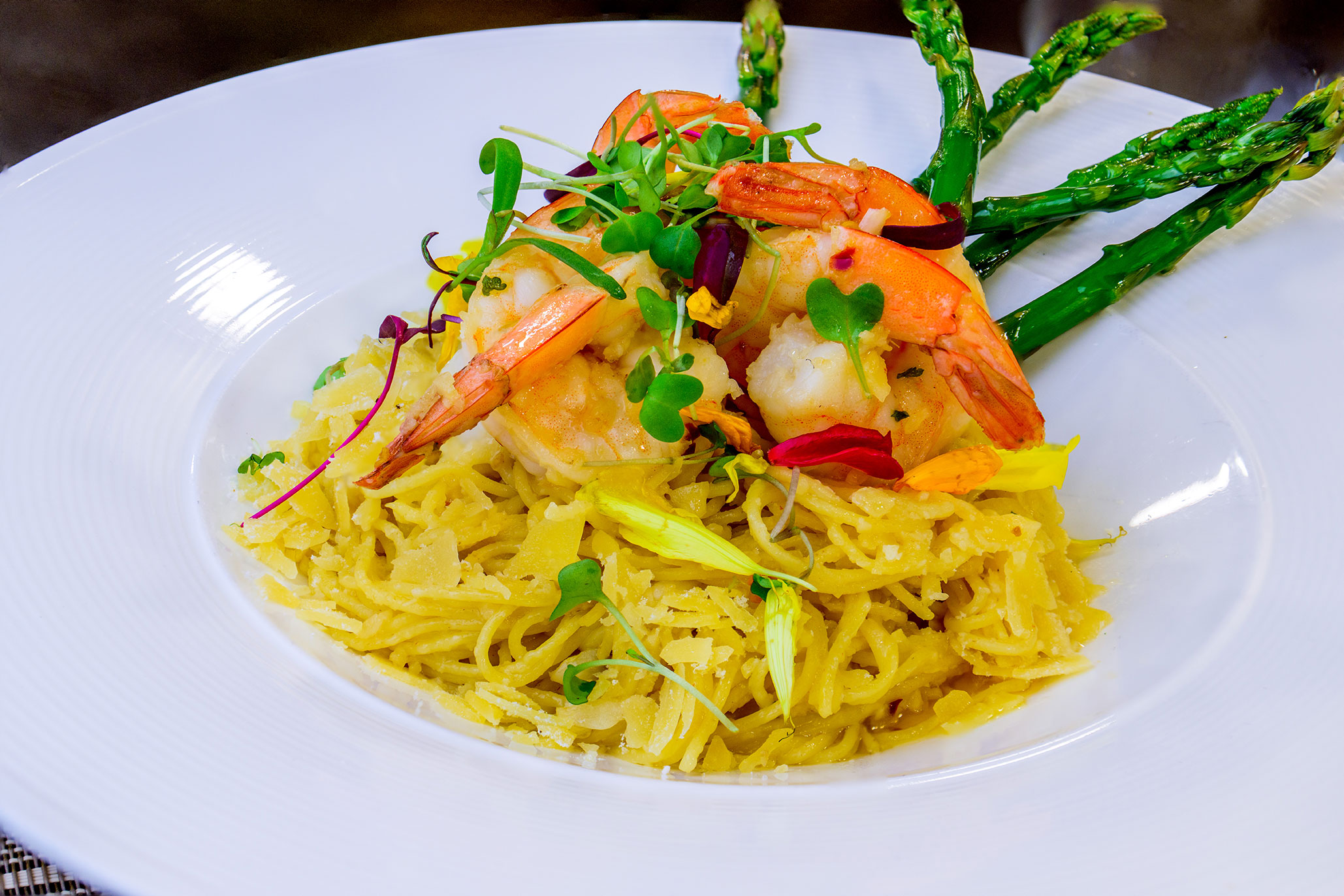 Grilled shrimp scampi, asparagus Elevate Dining